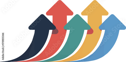 Vector art of multiple colorful arrows pointing upwards indicating growth and progress