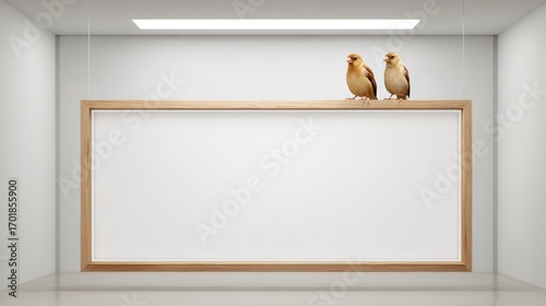 Two Birds on Blank Whiteboard in Gallery, Room Mockup, Copy Space for Presentation