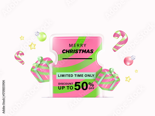 Merry Christmas gift voucher coupon banner for Discount online shopping with gift box, Candy cane and ball decorations background. Vector Premium.