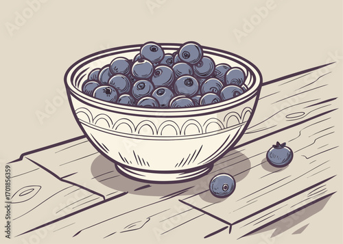 Bowl Filled with Fresh Blueberries on Rustic Wooden Table