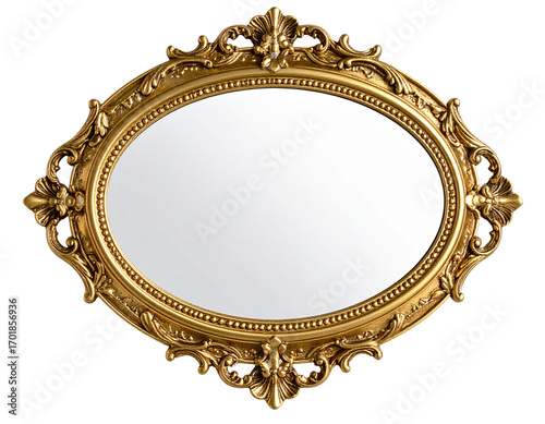 Vintage Golden Hand Mirror with Ornate Oval Frame, Isolated on Transparent Background”
