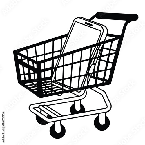 Black Silhouette Vector of Shopping Cart with Mobile Icon