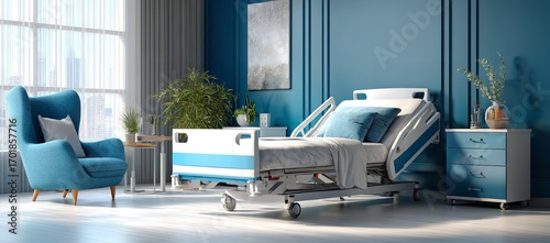 Clean healthcare room with empty hospital bed, minimalist furniture, soft blue walls, natural window lighting, and patient chair conveying comfort, treatment, and professional care
