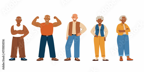 Diverse group of five smiling elderly people standing together in casual clothing showing different poses and body types