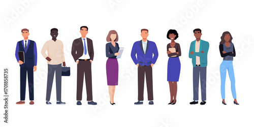 Diverse group of business professionals standing together in a line wearing smart casual and formal attire