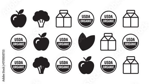 Icons of apple broccoli milk carton and USDA organic label represent healthy organic food choices