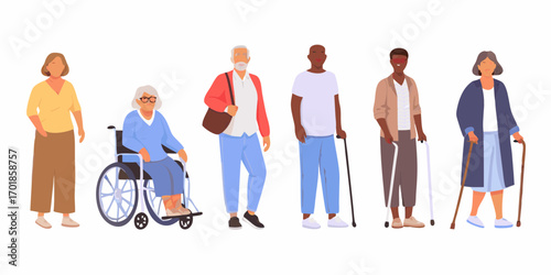Diverse group of elderly people standing and in a wheelchair with walking canes for support