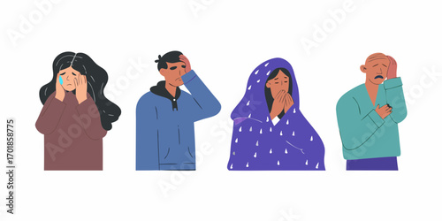 Diverse group of people expressing sadness and distress with tears and hand gestures on white background