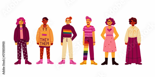Diverse group of gender non conforming people standing together wearing colorful clothing and pride symbols