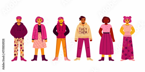 Diverse group of six stylish individuals standing together in colorful modern clothing