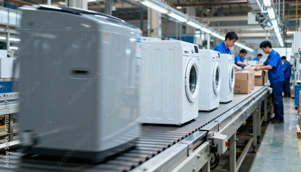Naklejka premium Appliance Manufacturing: Washing Machines on Assembly Line with Factory Workers Performing Quality Control and Packaging