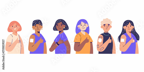 Diverse group of women showing thumbs up after receiving vaccinations with bandages on their arms