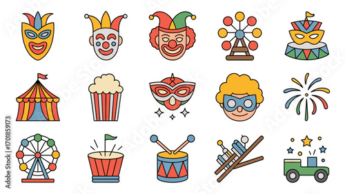 Colorful carnival icons and illustrations perfect for festival branding, party design, and event promotions