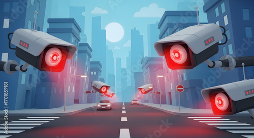 Cartoon Cityscape Under Surveillance: Security Cameras and Urban Monitoring