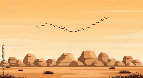 Birds Migrating Over Desert Landscape at Sunset Vector Illustration