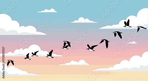 Birds Flying in Pastel Sky Sunrise Sunset Freedom Nature Vector Illustration