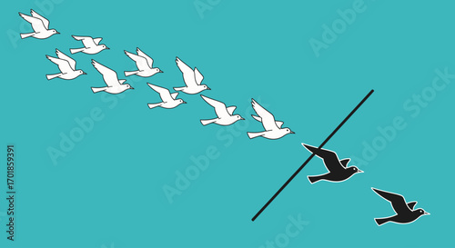 A flock of birds separates symbolizing divergence innovation and unique paths Minimalist vector illustration