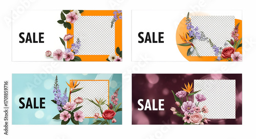 Wallpaper Mural Colorful floral sale banners featuring various flowers and vibrant backgrounds designed to attract attention for promotional events in retail spaces  bright, cheerful, background, graphics, spring, se Torontodigital.ca