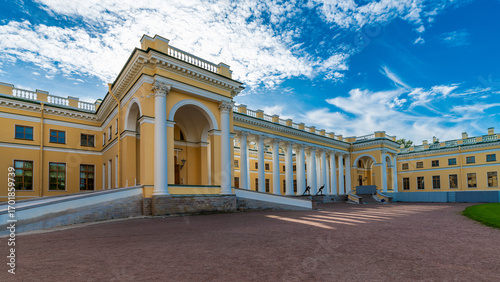 Facade of the Imperial Alexander Palace in Tsarskoe Selo, Pushkin, St. Petersburg, Russia.