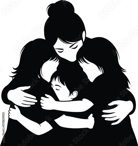 A mother embracing her children in a loving hug, , conveying warmth, security, and unbreakable bond of family