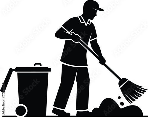 Silhouette of a street cleaner sweeping up trash next to a garbage can vector illustration of a worker