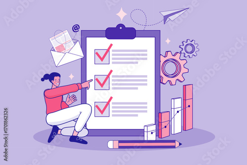 Project management and task completion concept. A happy woman points to a completed checklist on a clipboard, symbolizing a successful business plan and productivity. Vector for goal achievement.