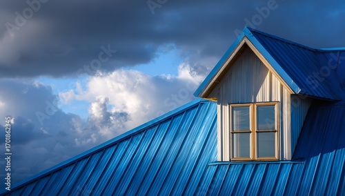 Close-Up of Contemporary Blue Metal Roof on Residential Home with Flat Eave and Sloped Attic Design, Architectural Visualization for Banner or Presentation