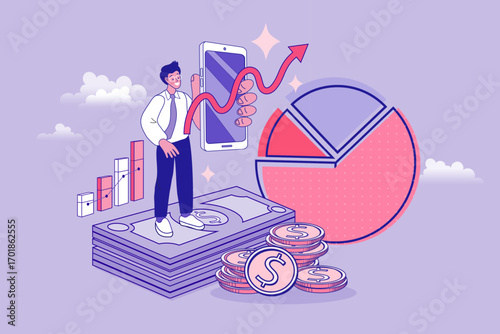 A successful businessman stands on a pile of money, showing financial growth from a mobile app investment. Data charts illustrate a business report, profit analysis,  a successful financial strategy.