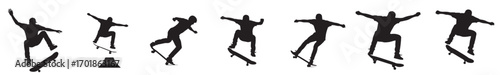 Silhouettes of skateboarders performing tricks in various dynamic poses on a white background scene