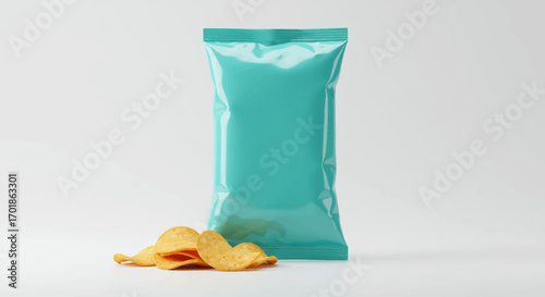 Turquoise Snack Bag with Golden Potato Chips on White Background.
