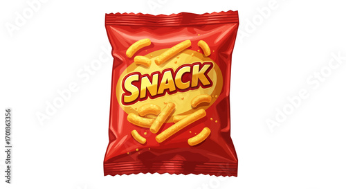 Cartoon Red Snack Bag with Crispy Sticks and SNACK Text.