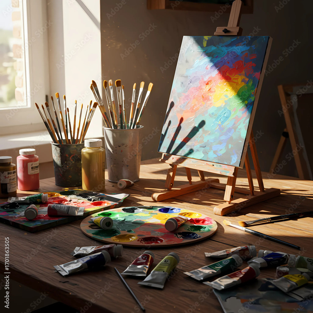 Fototapeta premium Artist's Workspace with Colorful Abstract Painting and Painting Supplies in Natural Light ai generated