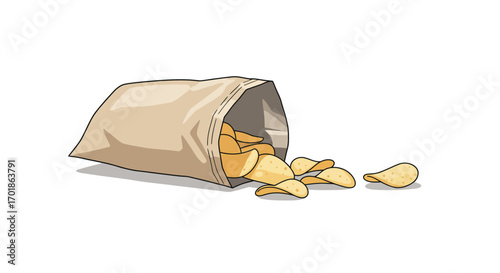 Cartoon Illustration of Potato Chips Spilling from a Bag.
