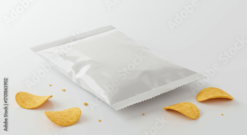 Crisp Potato Chips with Blank White Packaging Mockup on White Surface.