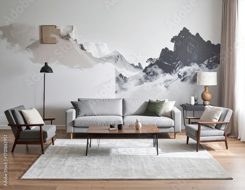Gray Sofa in Modern Living Room with Mountain Mural