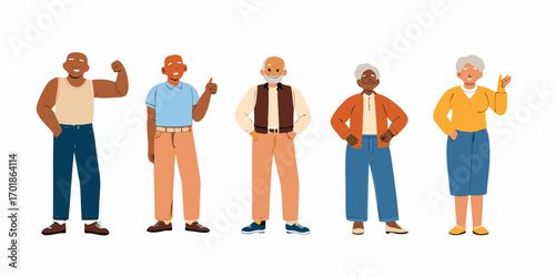 Diverse group of five elderly people of color standing together with cheerful expressions and confident poses