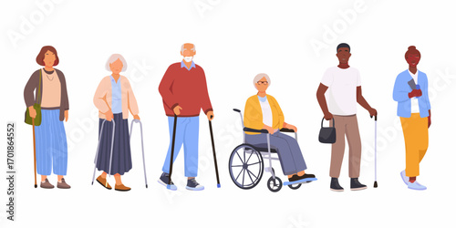 Diverse group of elderly people with mobility aids including canes walkers and a wheelchair