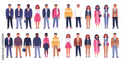 Diverse group of men and women standing together in a row wearing casual and business attire