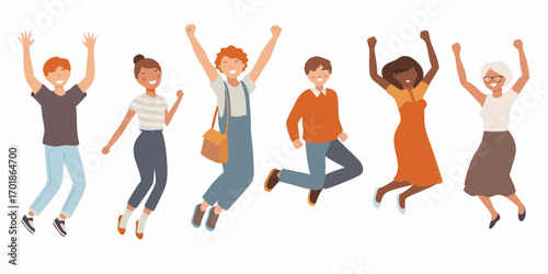 Diverse group of happy people jumping in the air celebrating success and freedom
