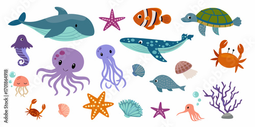 Collection of cute cartoon sea creatures and ocean life illustrations