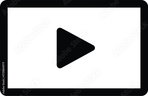 Simple play button icon inside a rectangle, , representing video, media, and digital content