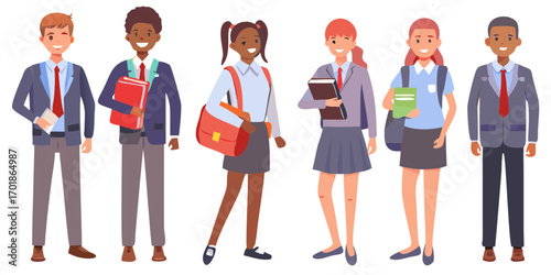 Diverse group of smiling students wearing school uniforms and carrying books and backpacks