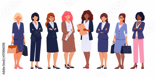 Diverse group of professional women in business attire standing together with confidence and determination