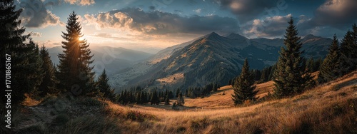 Mountain sunset panorama with pine trees