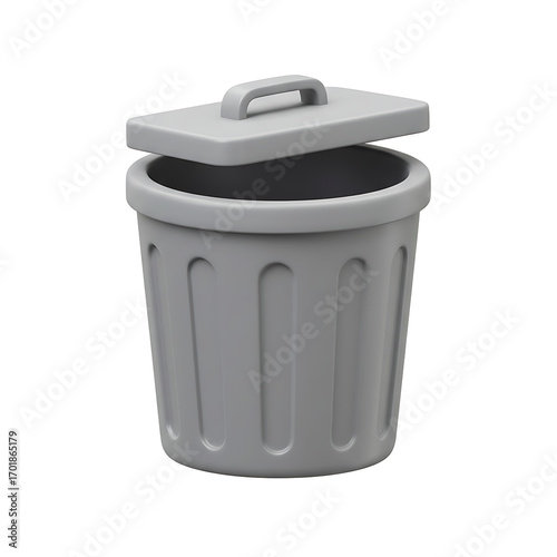 A gray trash can with its lid slightly open, isolated on transparent background, symbolizing waste and disposal