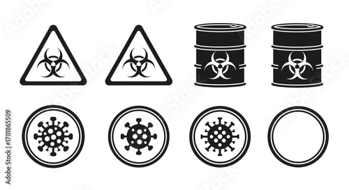 Biohazard Warning Symbols and Coronavirus Icons Representing Health Risks and Dangerous Materials