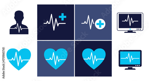 A collection of medical cardiology icons and illustrations representing heart health and vital signs monitoring with electrocardiograms and monitors