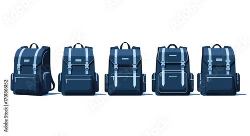 A Collection of Five Identical Dark Blue Backpacks Arranged in a Row on a White Background