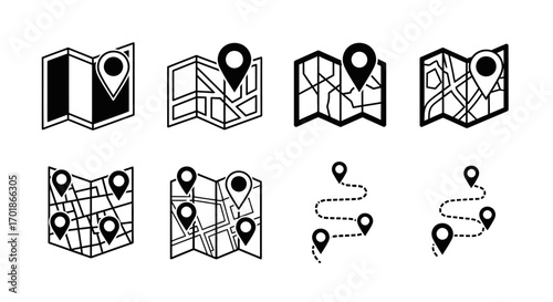 Collection of Map Icons with Location Markers Representing Navigation and Travel Planning Concepts