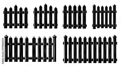 Collection of Black Wooden Picket Fence Designs for Outdoor Boundary Protection and Garden Decoration
